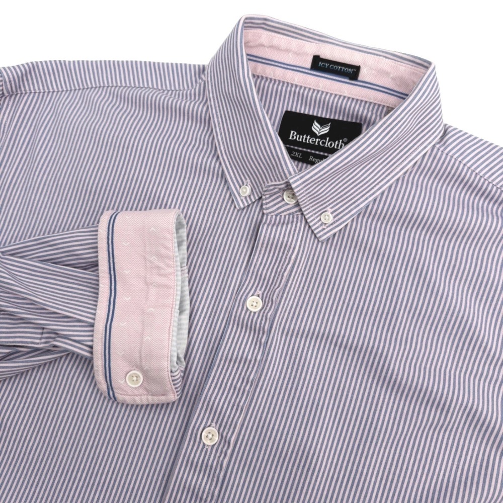 Buttercloth Shirt Mens 2XL Pink Striped Icy Cotton Stretch Knit Long Sleeve Soft